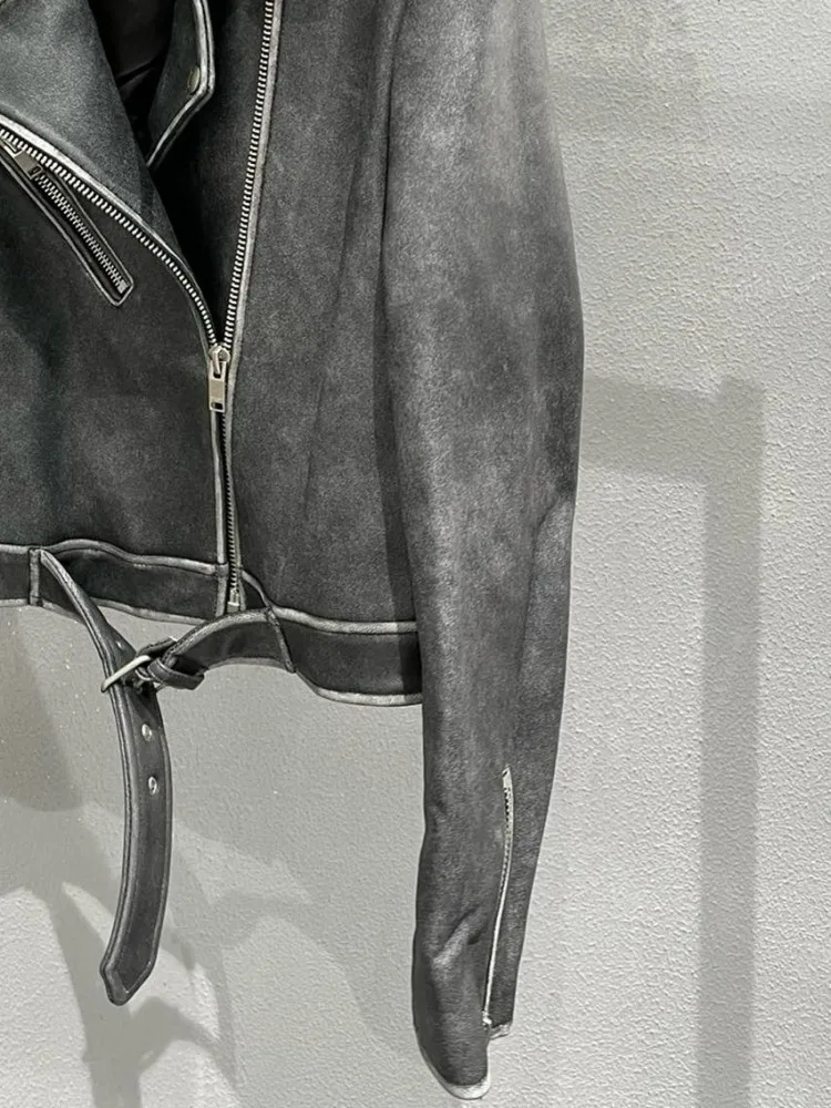 Giacca in vera pelle fatta a mano con risvolto stile casual, telai con cerniera ampia, maniche lunghe, capispalla da motociclista in pelle di pecora da donna