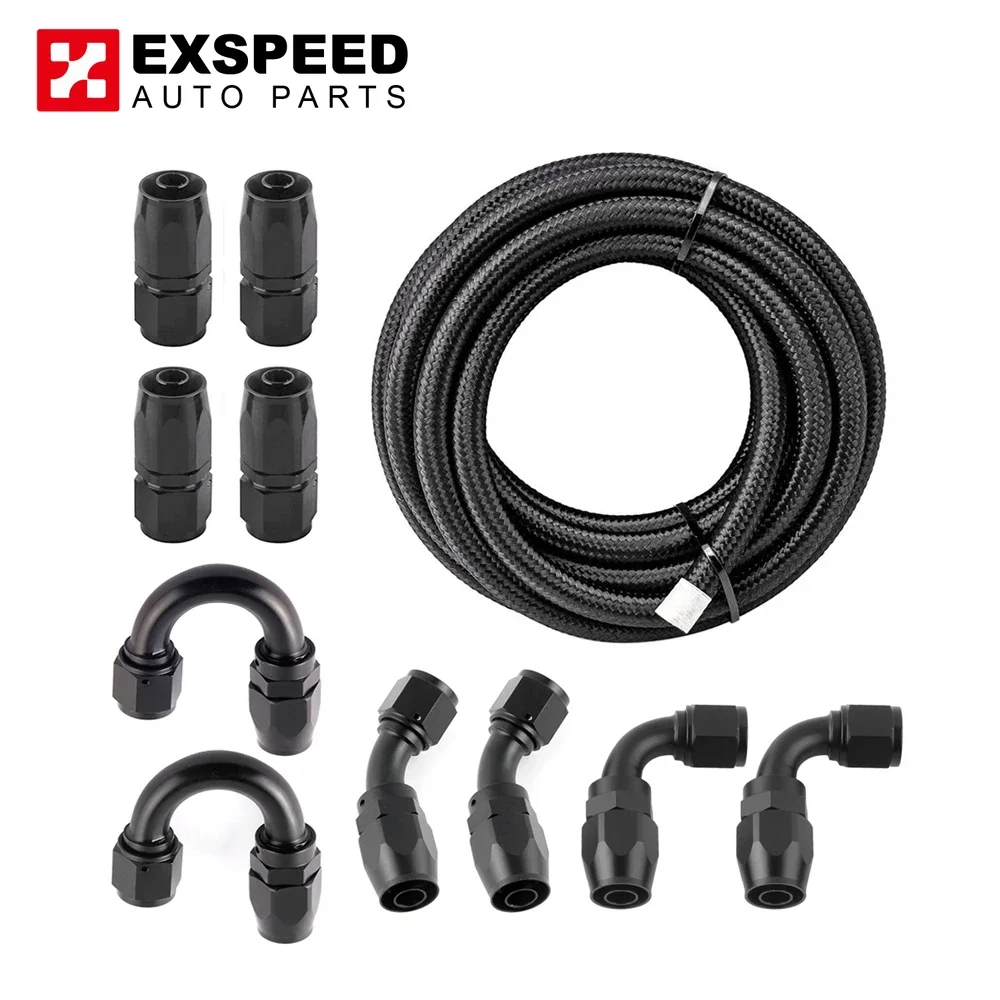 

16FT 10-AN 5/8" Tube Nylon Stainless Steel Braided CPE Black Fuel Line Fitting Kit with 10pcs Rotary Swivel Hose Ends Black