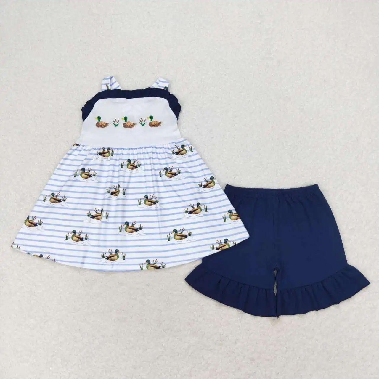 

Embroidery duck Outfits for toddler girls Clothes Baby Short Sleeves navy Shorts Kids leopard Clothing Wholesale boutique set