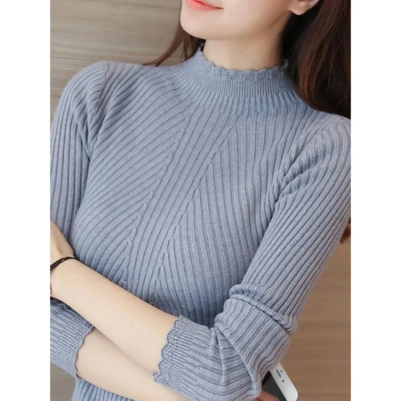 2024 autumn women mock neck ruffles sweater long sleeve knitted bottoming solid pullovers stripe women casual sweater winter