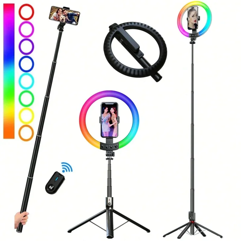 

LISCN Selfie Stick Tripod with 10 Inch RGB Selfie Ring LED Fill Light Photography LED Selfie Light with Remote Control for Live