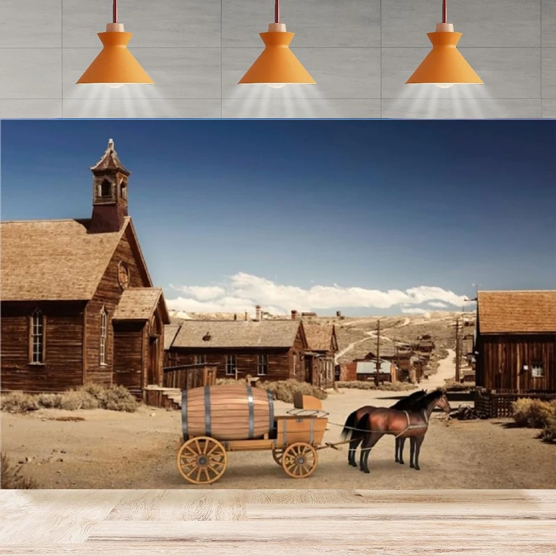 Western Town Photography Backdrop Wild West Cowboy Vintage Wooden House Carriage Oak Barrel Background Home Party Backdrop Wall