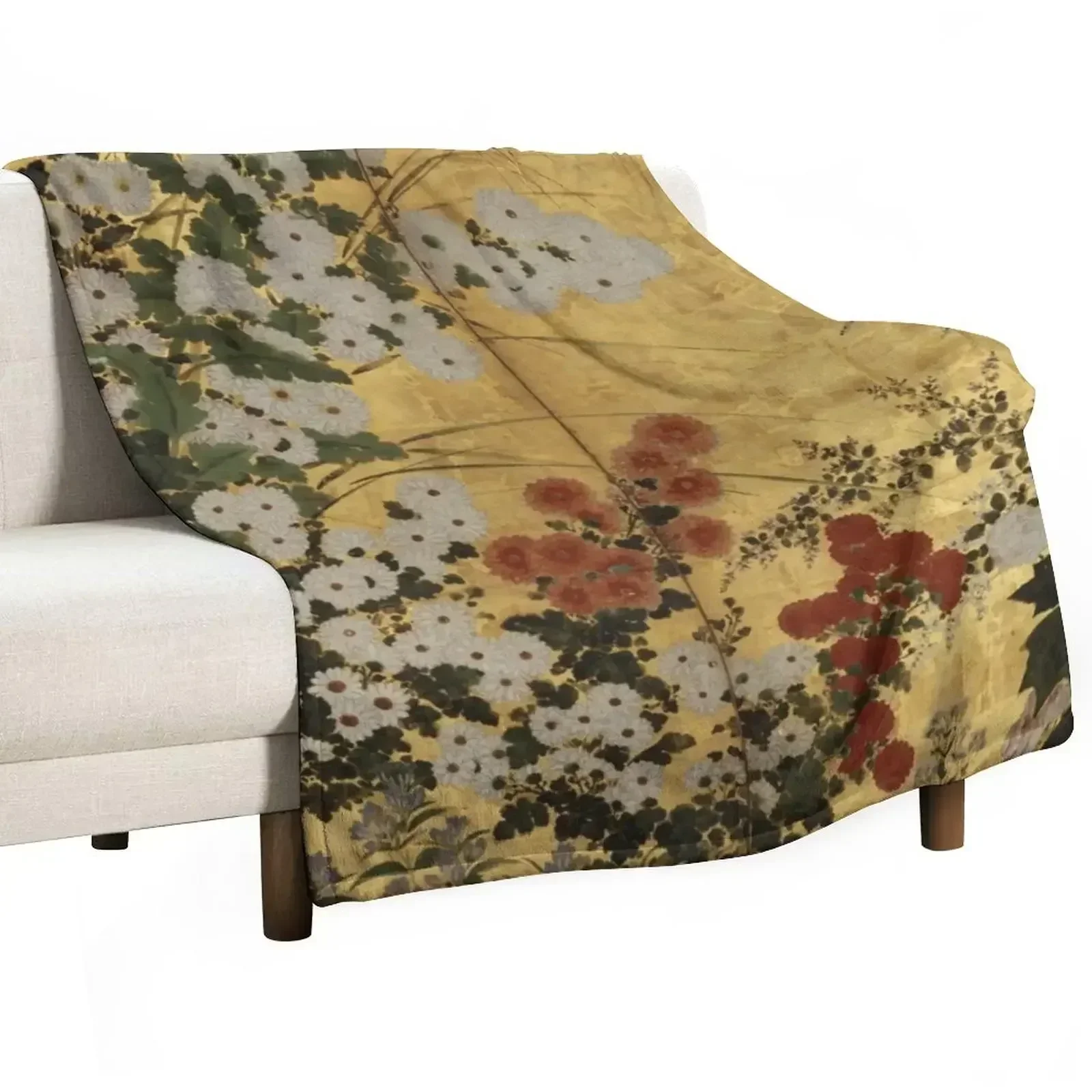 White Red Chrysanthemums Floral Japanese Gold Screen Print Throw Blanket Loose for sofa halloween Retros Blankets