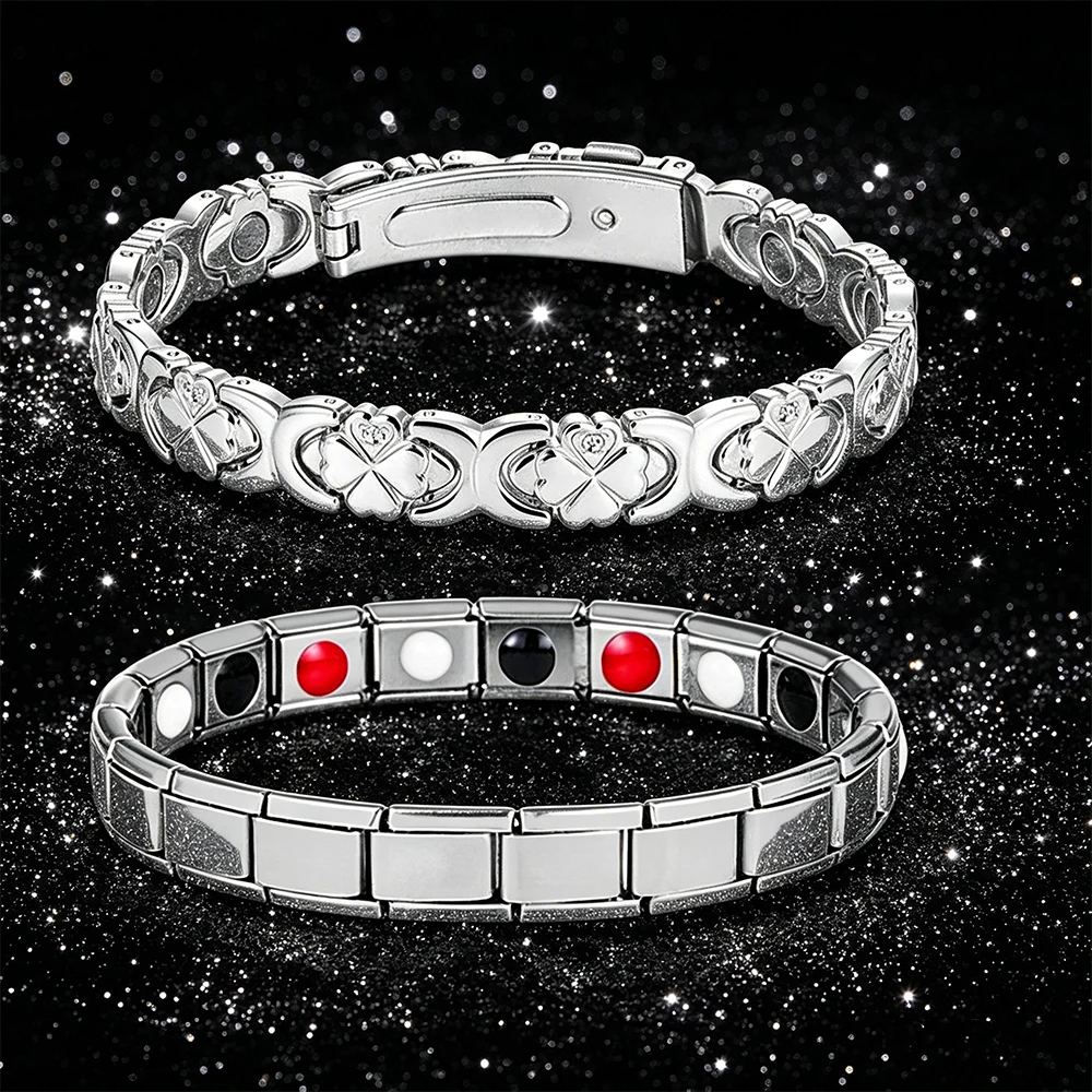 2Pcs Silver Tone Bracelet Set, Clover & Italian Style Link Magnetic Therapy Bangle for Women, Stackable Jewelry