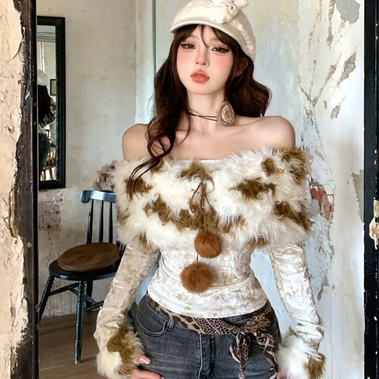

Vintage Fur Patchwork Off Shoulder Tops Mujer 2025 Autum New All-match T-shirt for Women Y2k Slim Fit Long Sleeve Tee Shirt