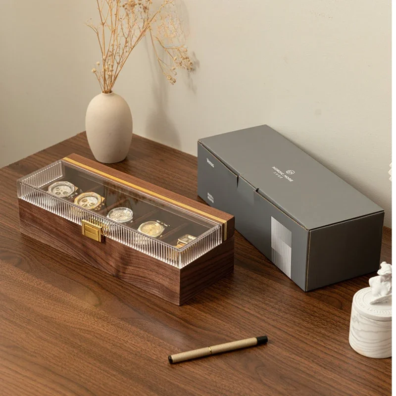 Exquisite Watch Box Black Walnut Wood Display Holder Transparent Acrylic Storage Case Multi-grid Partitioning Jewelry Organizer