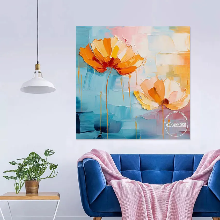 Abstract Large Lotus FLowers Unframed Office Decor Oil Painting Palette Knife Wall Art Poster On Canvas Handmade Luxury Set