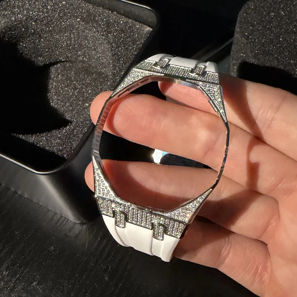 Pasek do zegarka z diamentami i moissanitem do Swatch X AP Royal Pop Pocket, obudowa ze stali nierdzewnej z zestawem silikonowych pasków, pasek zamienny. — zdjęcie produktu 4