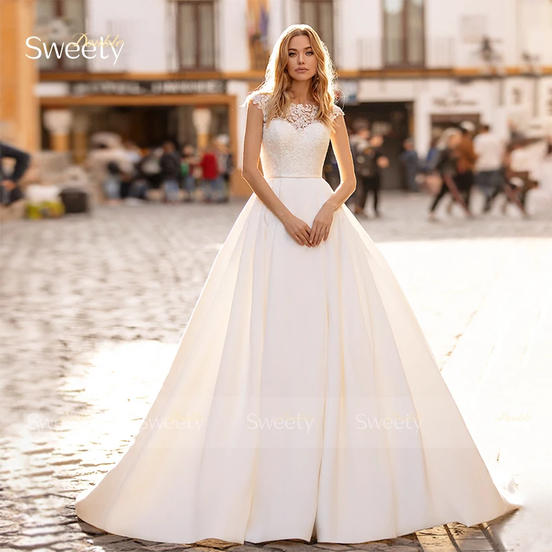 Vestido De novia elegante, bata De satén suave con bordado, línea A, largo hasta el suelo, sin mangas, cuello redondo