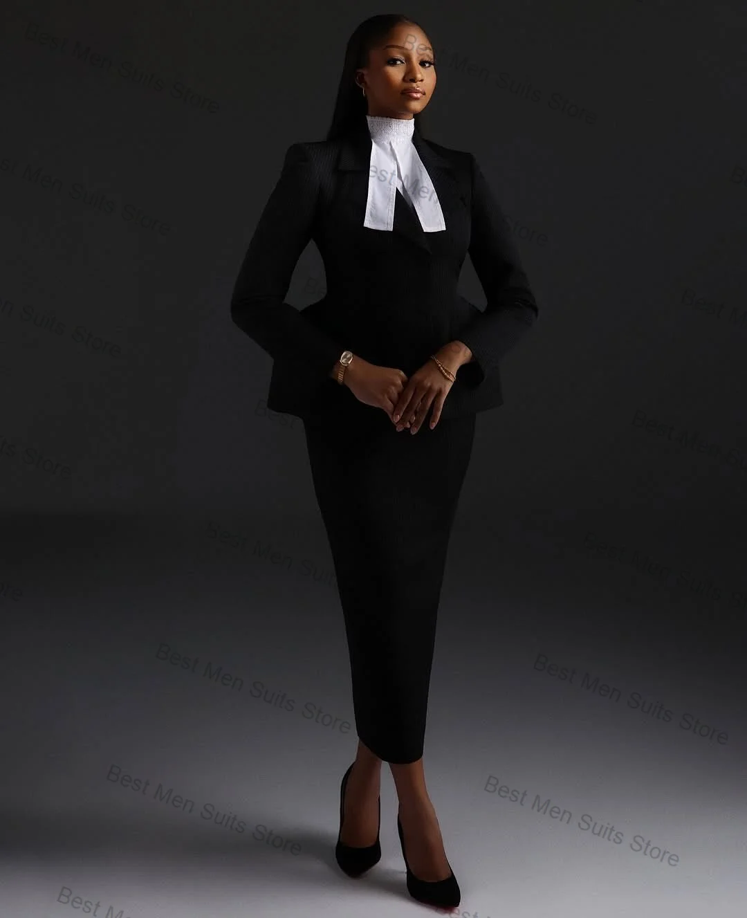 ผู้หญิงสีดําชุดกระโปรงชุด 2 ชิ้นเสื้อ + Midi พรหมชุดสํานักงานอย่างเป็นทางการธุรกิจแจ็คเก็ตที่กําหนดเองงานแต่งงาน Tuxedos Cotton Coat