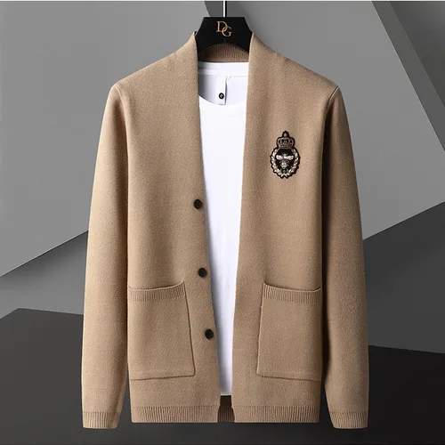 남성용 영국 스타일 니트 가디건, 비즈니스 캐주얼 슬림 비 자수 스웨터 코트, 면 니트 재킷, 가을 겨울  Best5