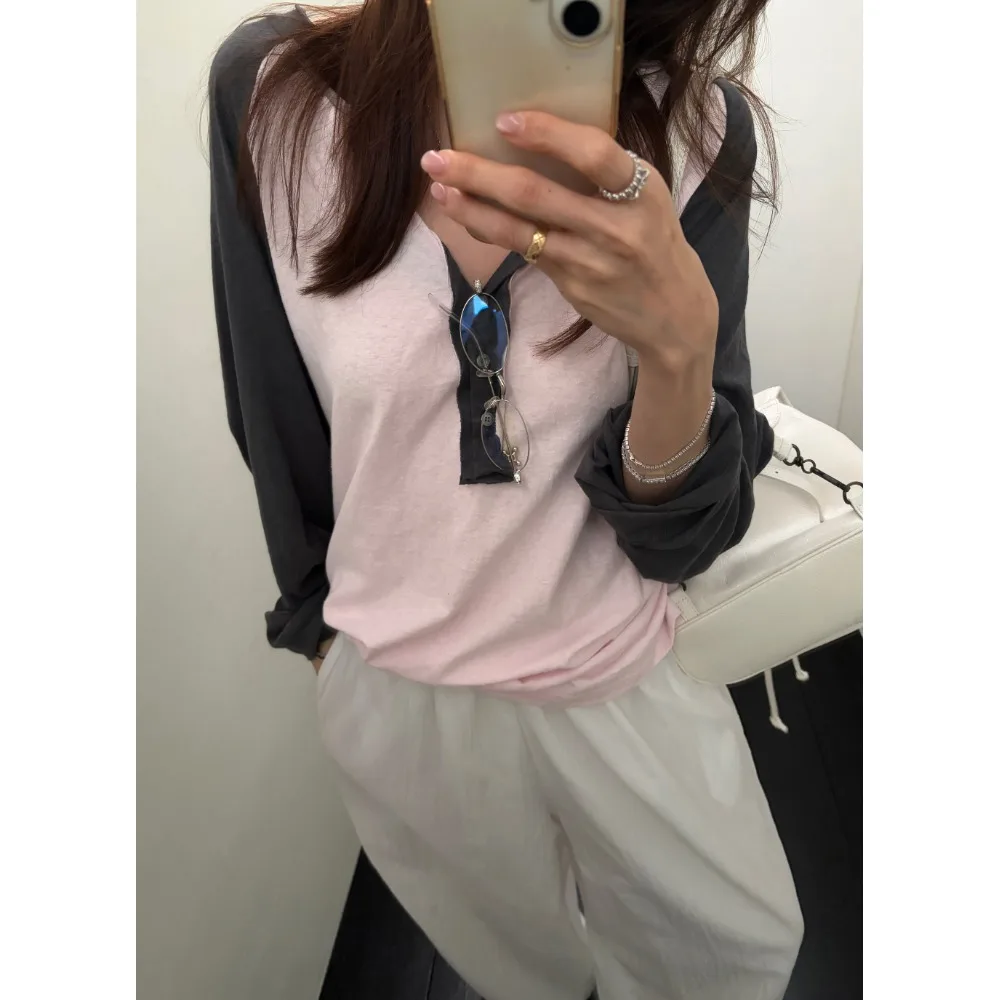 2026 New Fashionable Color Block Knitted Top Versatile Casual Style Women's T-shirt Knitted Summer Collection