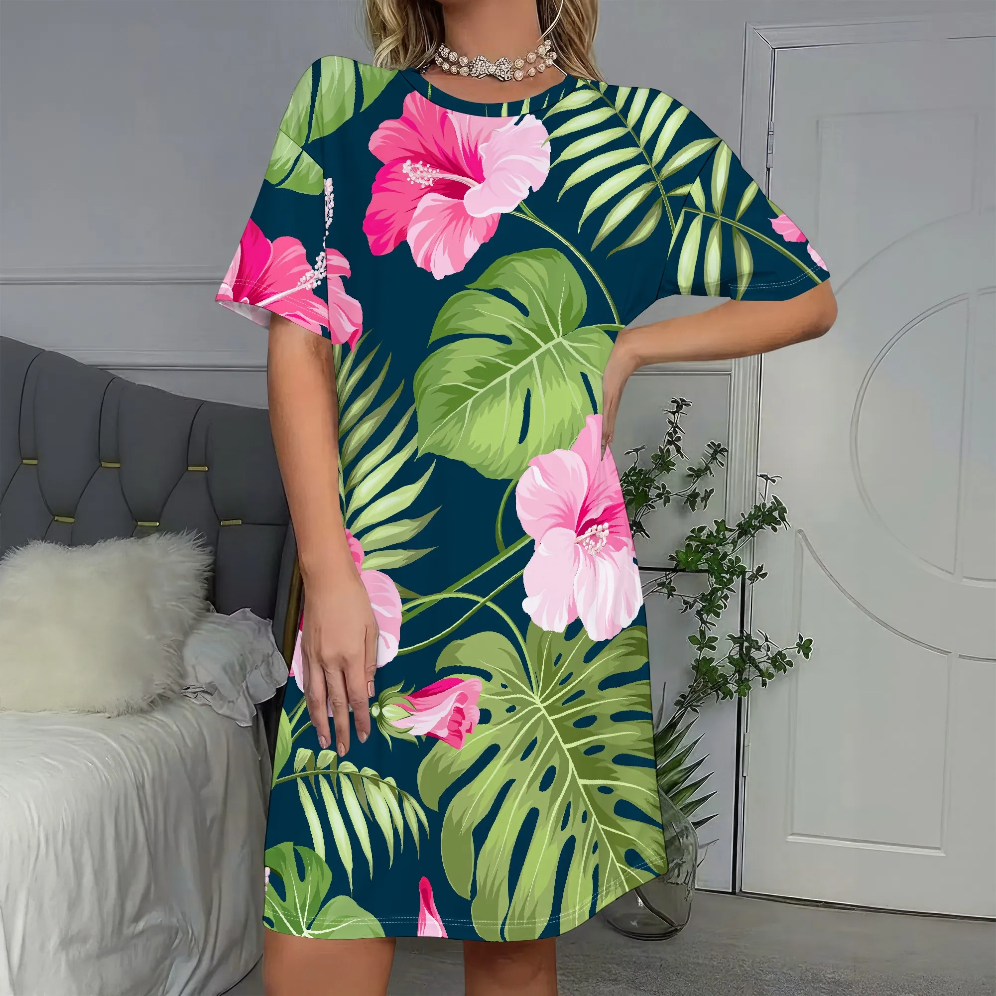 Hibiscus Print, Summer Dress, Tropical Floral Beach Wear, Short Sleeve Vacation Outfit, Casual Mini Dress for Women, S-2XL