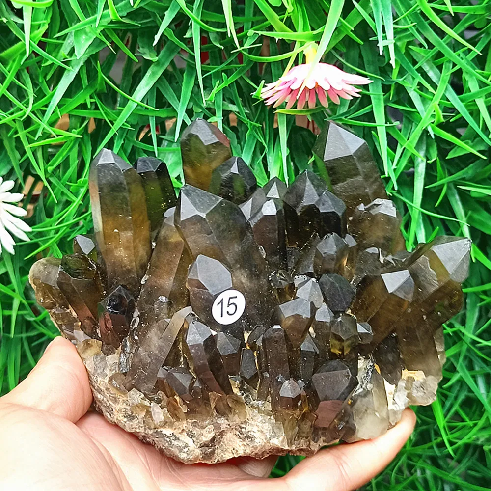 Natural rare tea-colored crystal clusters, quartz crystal mineral clusters, energy healing, home and office ornaments