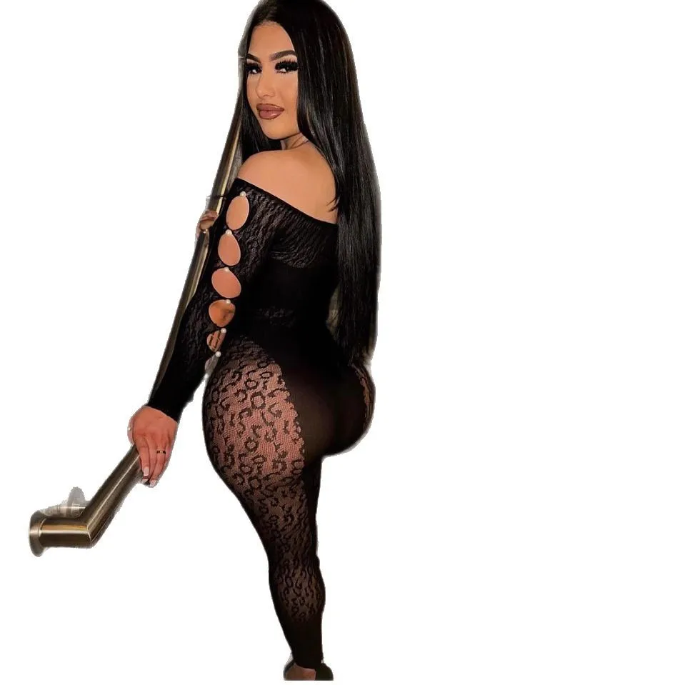 مثير ليوبارد طباعة التطريز قطعة واحدة اللؤلؤ صافي الملابس مرونة عالية الشارع نمط السائق الأزياء تسعة الأكمام طول Summe... #5