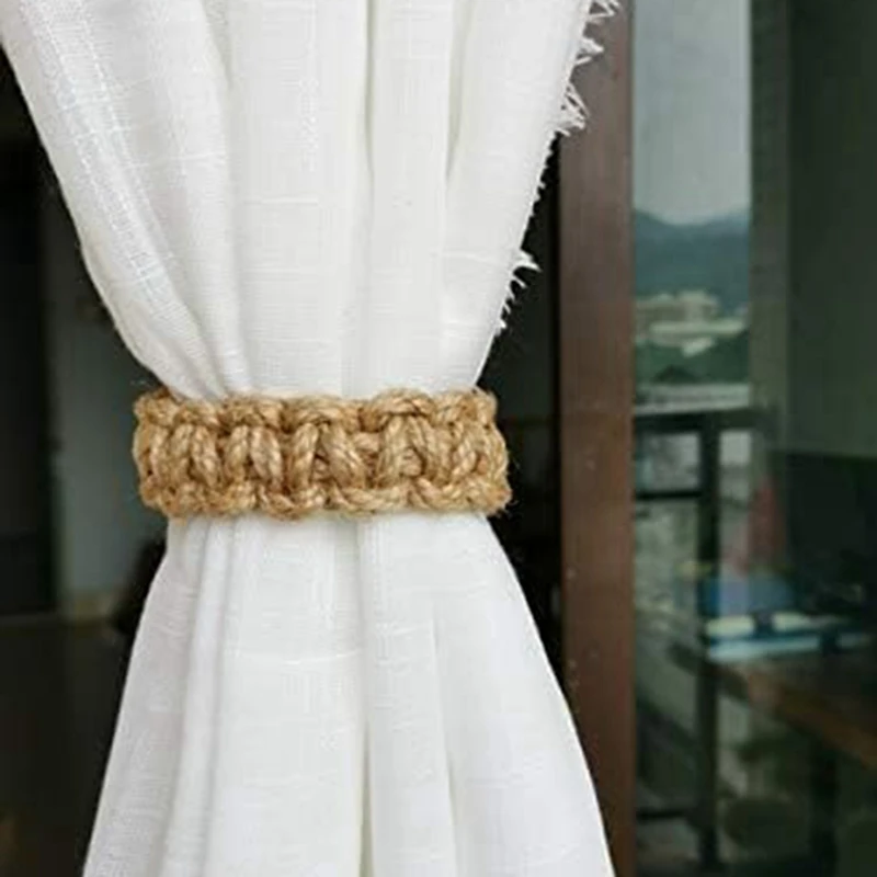 4 Piece Braided Curtain Tiebacks For Drapes, Rustic Curtain Holdbacks As Shown Jute Cotton For Sheer/Light Weight Drapes