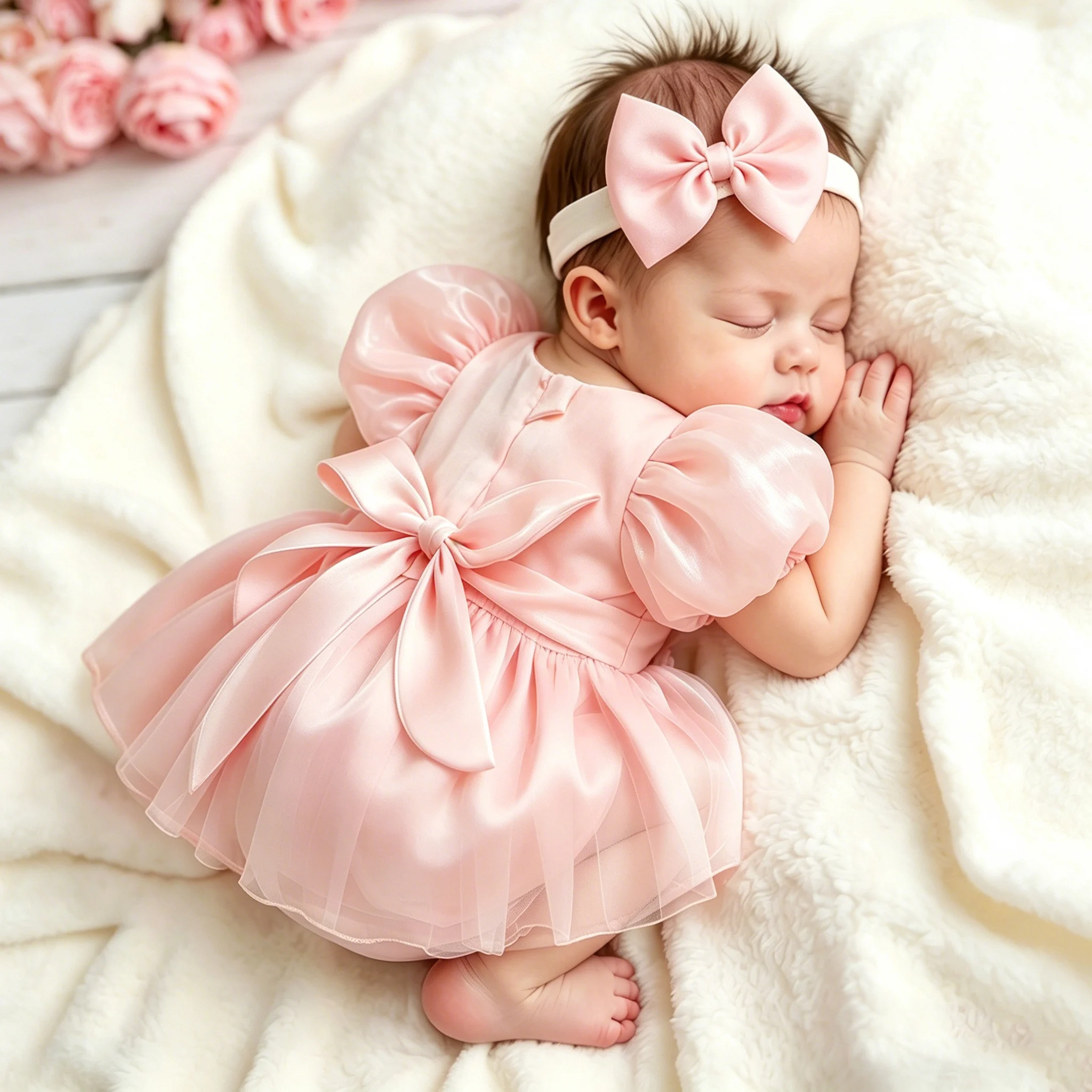 Ylsteed Newborn Photography Outfit Baby Girl Elegant Tulle Dress with Bow Headband Puff Sleeve Princess Party Gown forBaptism-HD