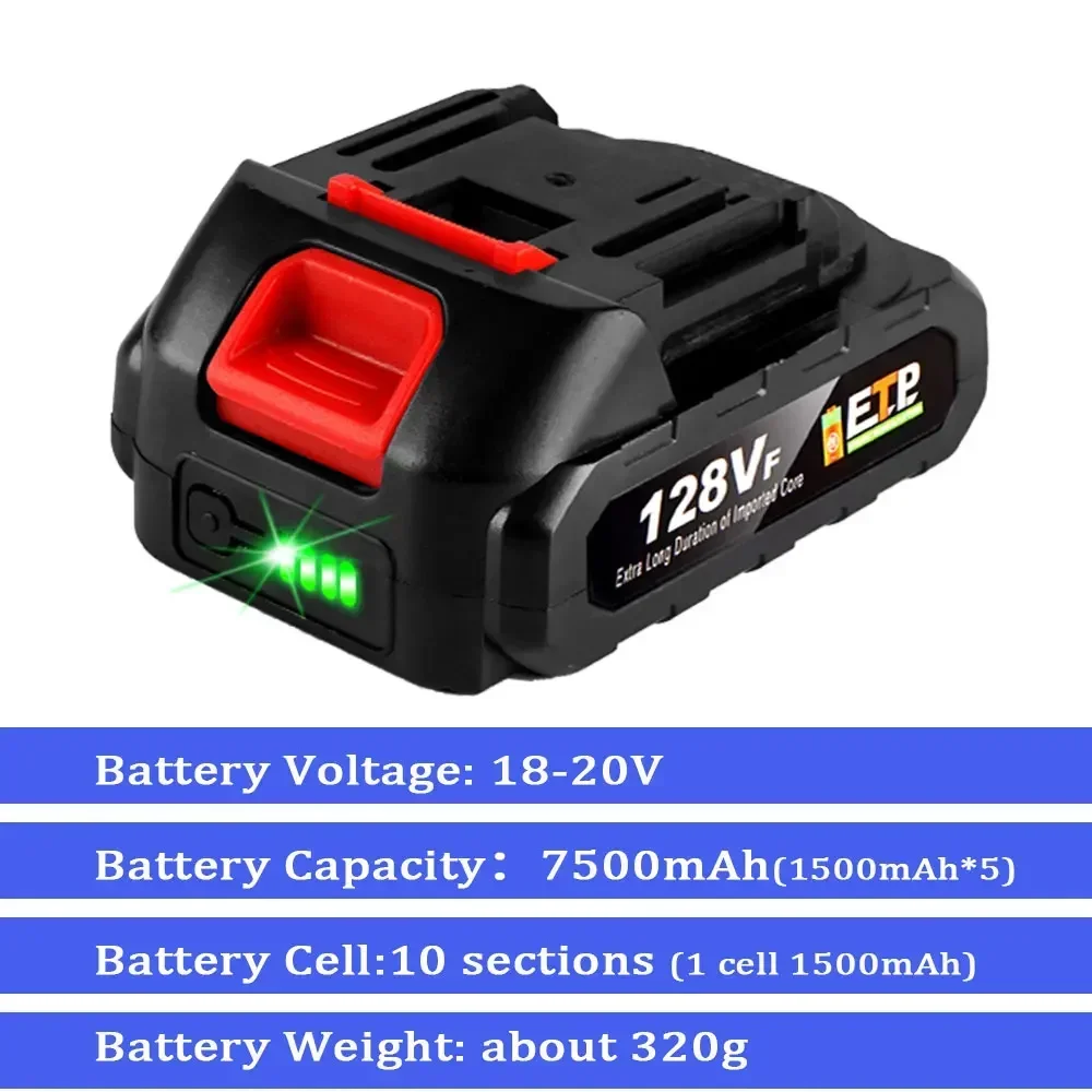 128V Lithium Ion Battery 7500mAh Rechargeable Spare with Battery Indicator Battery for Makita Cordless Electric Power Tool