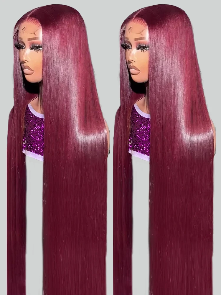 Straight 13x4 13x6 HD Lace Front Human Hair Wig 99J Red Burgundy Colored HD Transparent PrePlucked Lace Frontal Human Hair Wigs