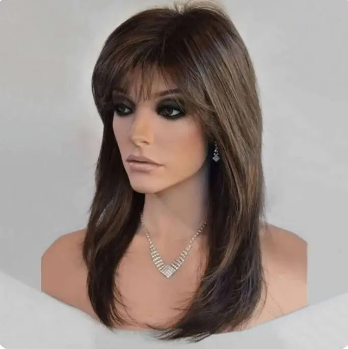 Medium Long Wig For Women Women's Hair Mixed Brown and Black Wavy African Synthetic Female Haircut Puffy Natural Wigs