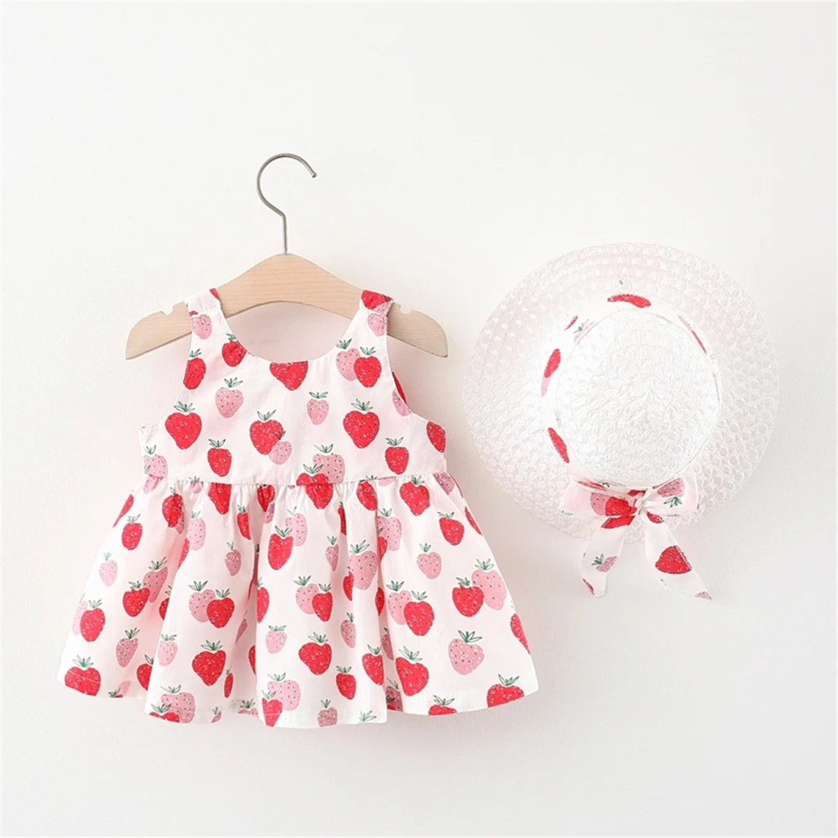 Summer 2-Piece Set Of Baby Dresses And Hats Girl\'S Strawberry Bow Strap Princess Dress 0-3 Year Old Children\'S Clothing