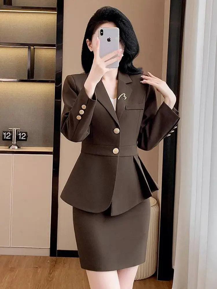 

Autumn Women Black Blue Brown Elegant Fashion Office Workwear Ruffles Long Sleeve Blazers Top And High Waist Skirt Two-piece Set