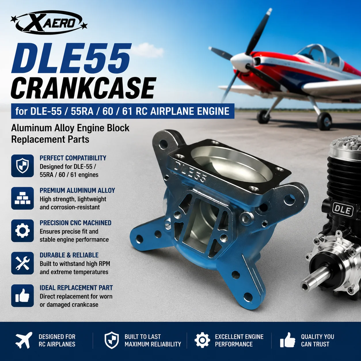 DLE55 Crankcase for DLE-55/55RA/60/61 RC Airplane Engine Aluminum Alloy Engine Block Replacement Parts