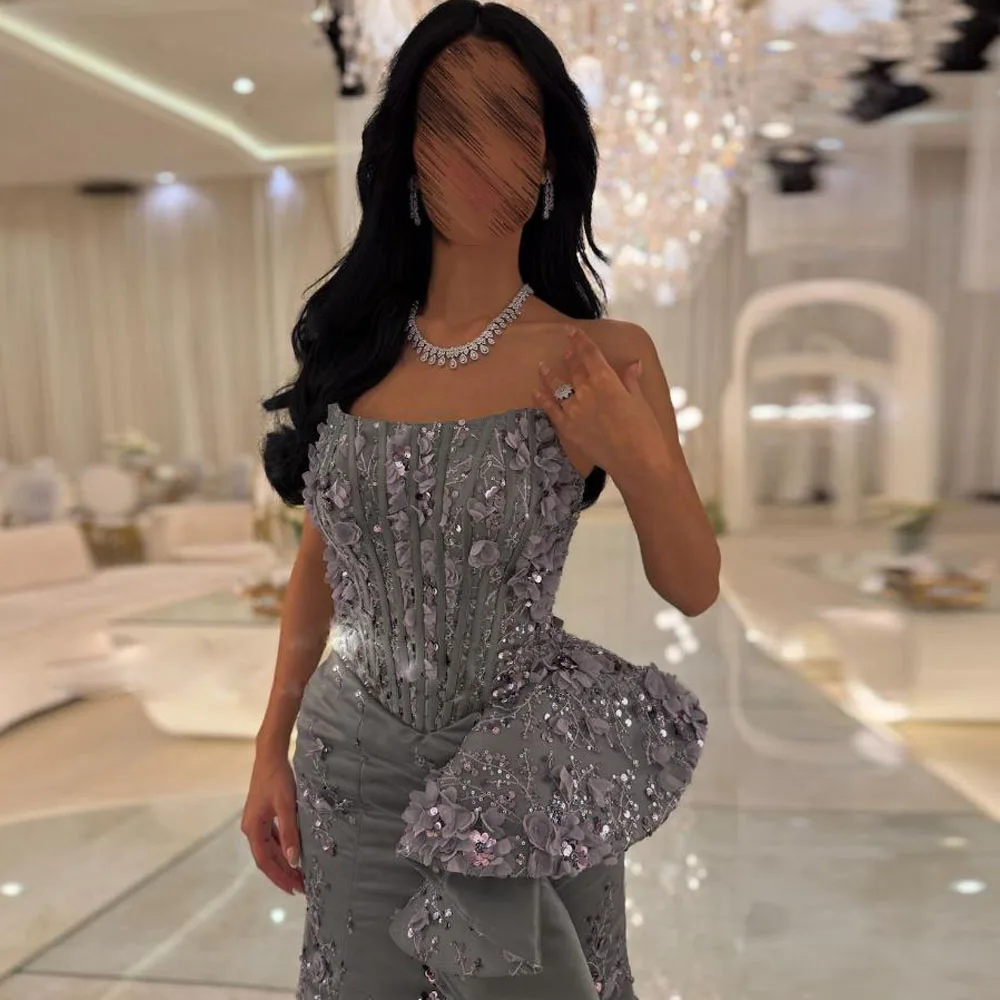 فساتين مشد حورية البحر رمادية مخصصة بدون حمالات دانتيل زهري ثوب مسائي رسمي كشكشة سويب تراين فيستدوس دي بيدرا