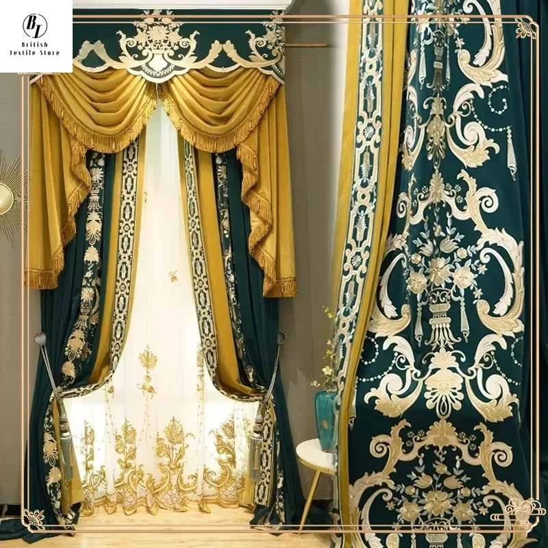 

European Embroidery Lace Velvet Curtains for Living Room Luxury Bedroom Blackout Dining Elegant White Tulle Lace Wedding Valance