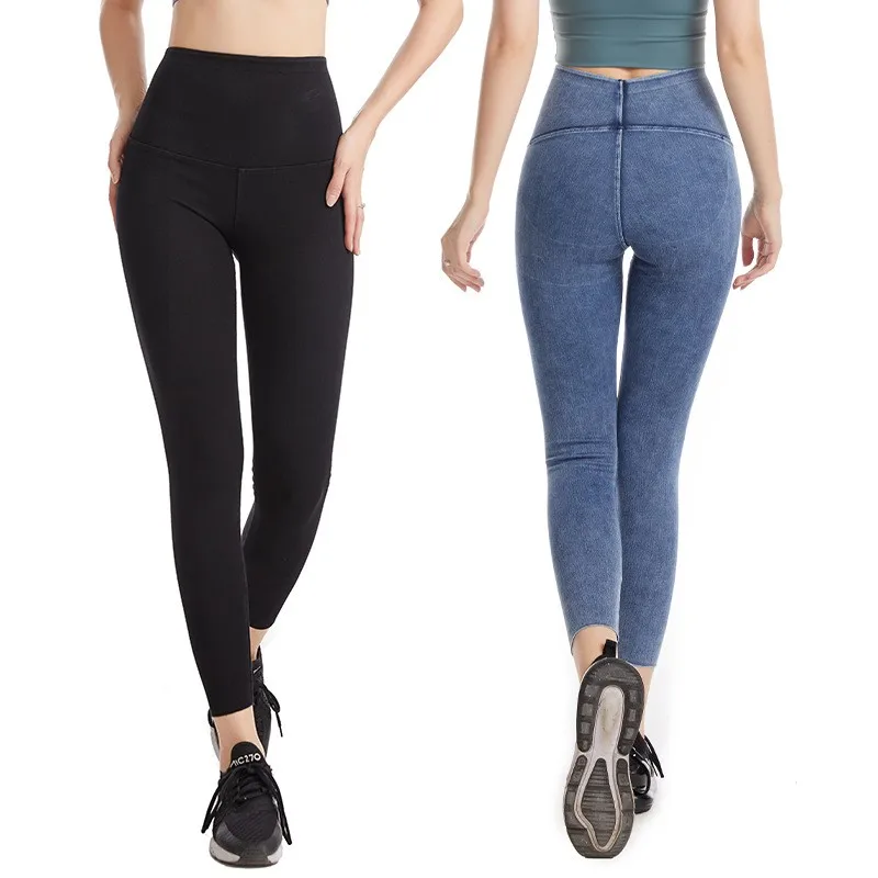 Women Leggings High Waist Black Yoga Pants Denim Print Slim Fit Tight Pants Blue Cropped Compression Pants Stretchy Butt Lifting