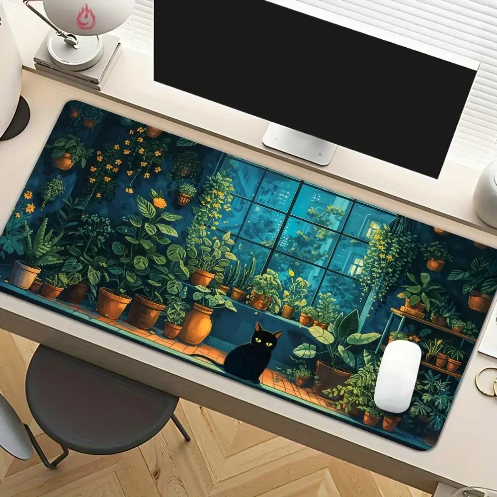 Cute Anime-Style Black Cat and Green Plants Mouse Pad Desk Mat Non-Slip Office Mousepads PC Accessories Gaming Mats Tapis Souris