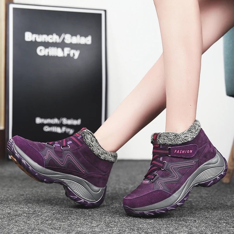Winter Women Snow Boots Women Fur Warm Ankle Boots Hiking Thick Bottom Wedge Shoes Female