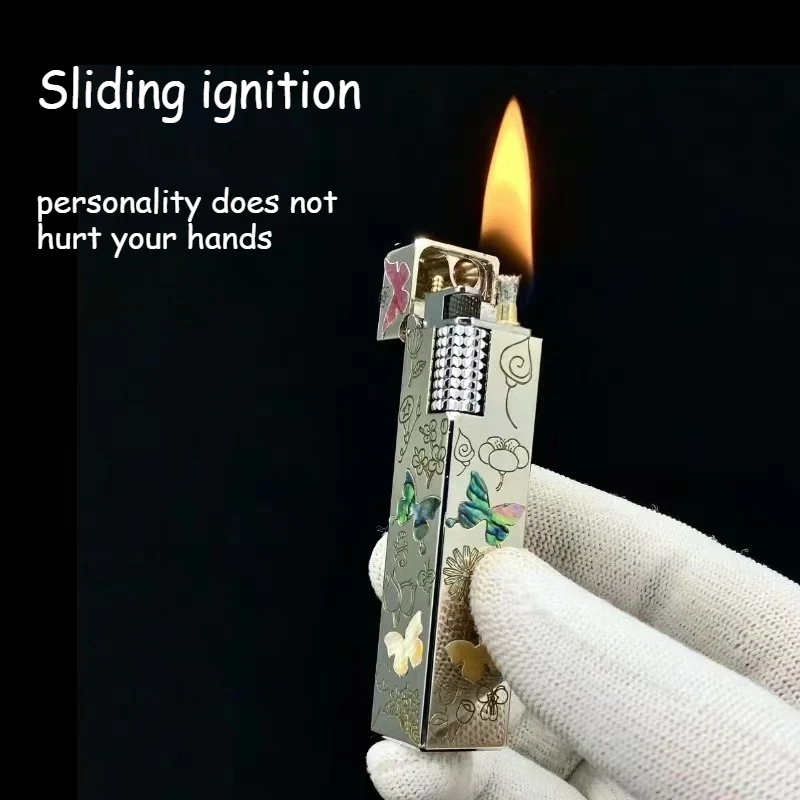 

Длинная полоска, маленькая квадратная латунная масляная зажигалка, боковое зажигание, новый китайский стиль, инкрустированная цветочными бабочками, коллекция для парня