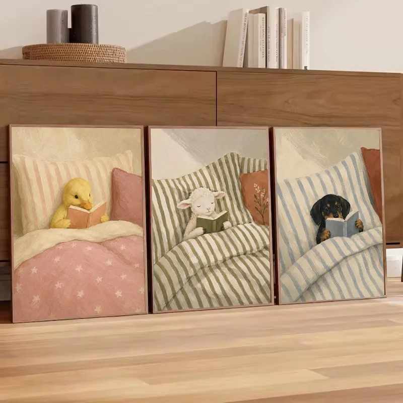 Duckling,Lamb,Dog,Bear Poster, Little Cute Animals in Bed with Book,Wall Art Pictures Canvas Painting Home Nursery Decor