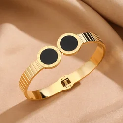 Vintage Roman Numerals Black Disc Open Cuff Bracelets Stainless Steel Gold Color Bangles Charm Jewelry Women's Wrist Accessories