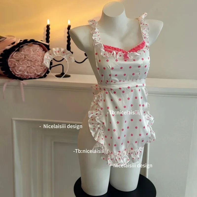 Sexy Lingerie Sweet Girl Pink Lace Apron Sexy Ligerie Women Cute Dots Maid Uniform Outfits Temperament Pajamas Erotic Costume