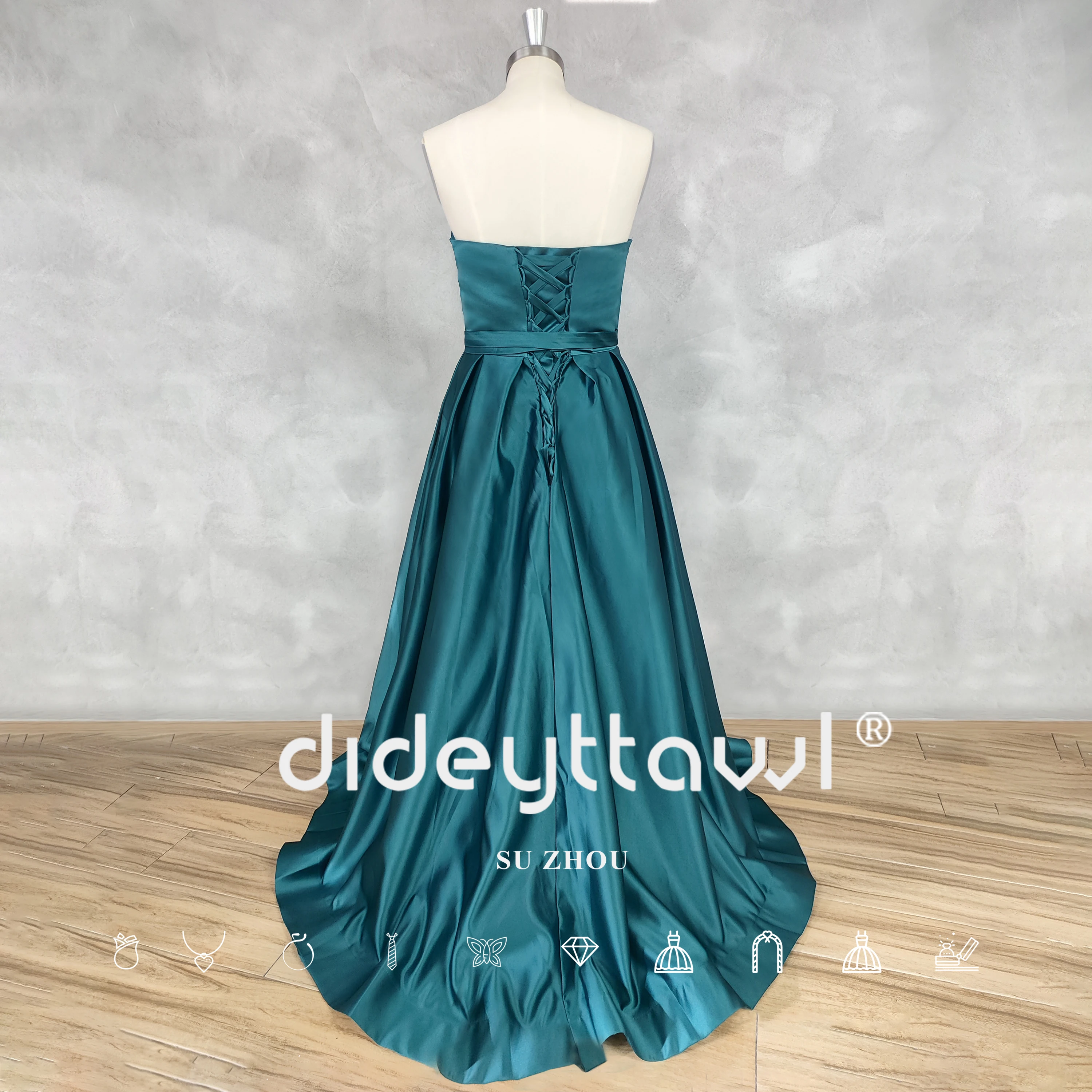 DIDEYTTAWL Real Photos V-Neck Sleeveless Satin Prom Dress A Line Lace Up Back High Side Slit Floor Length Evening Gown