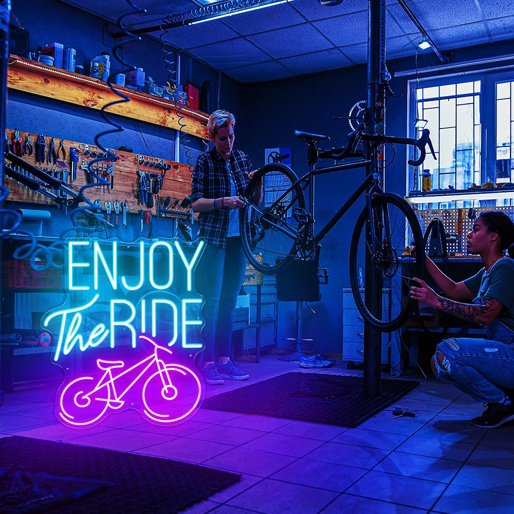 Enjoy The Ride Neon Sign Sport Neon Fitness LED Light Exercise Bike Custom Neon Sign Motivational Night Light Garage Wall Decor