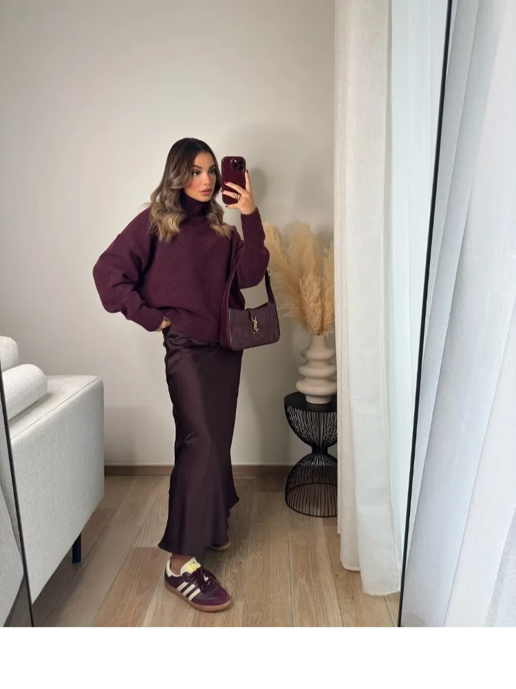 Elegant Burgundy Loose Fitting Women\'s Pullover Casual Long Sleeved Turtleneck Lady Sweater 2024 Autumn Chic New Warm Outerwear