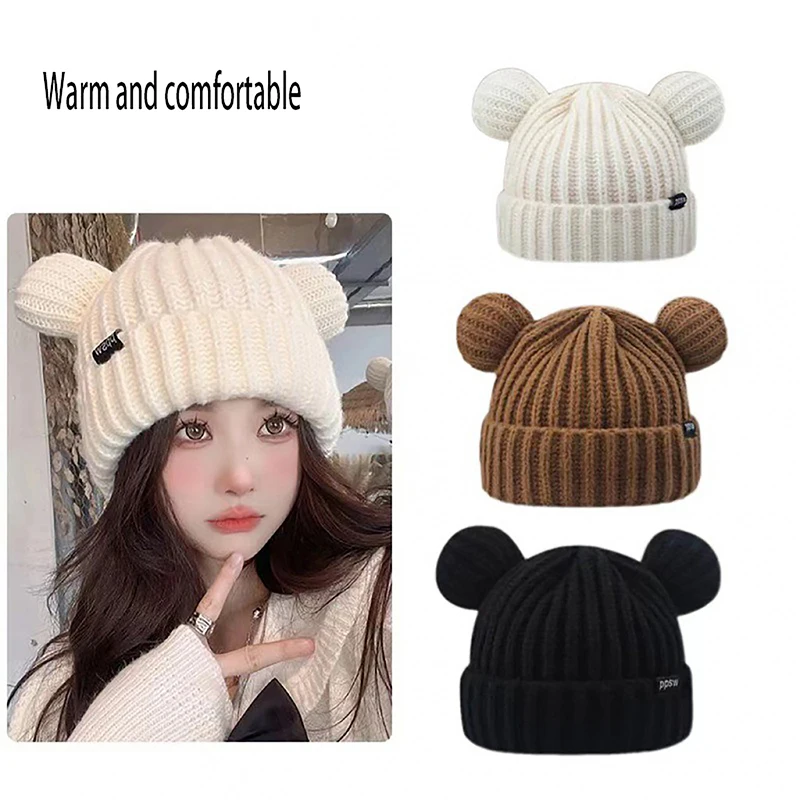 Cute Knitted Korean Wool Caps Cool Girl Handmade Beanie Y2K Cat Ears Thicken Hats Women Soft Harajuku Plush Ear Head Protection