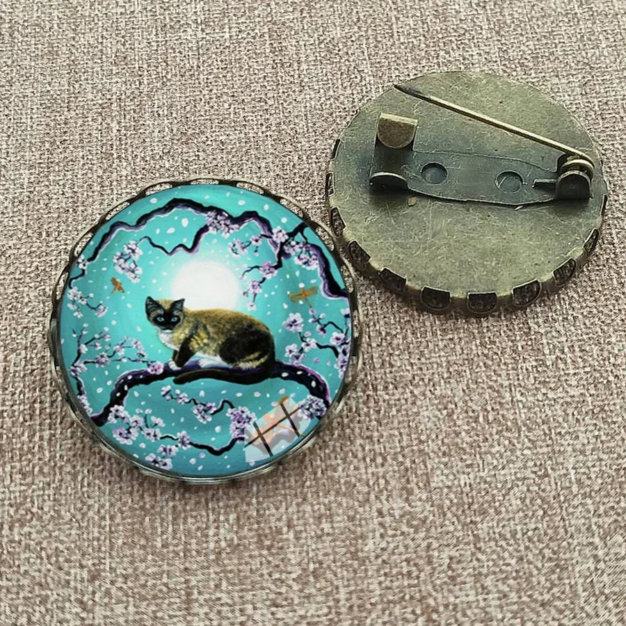 New Style Cat Under Night Sky Brooch Pin Animal Photo Glass Cabochon Brooches Cartoon Painting Pins Gifts Women