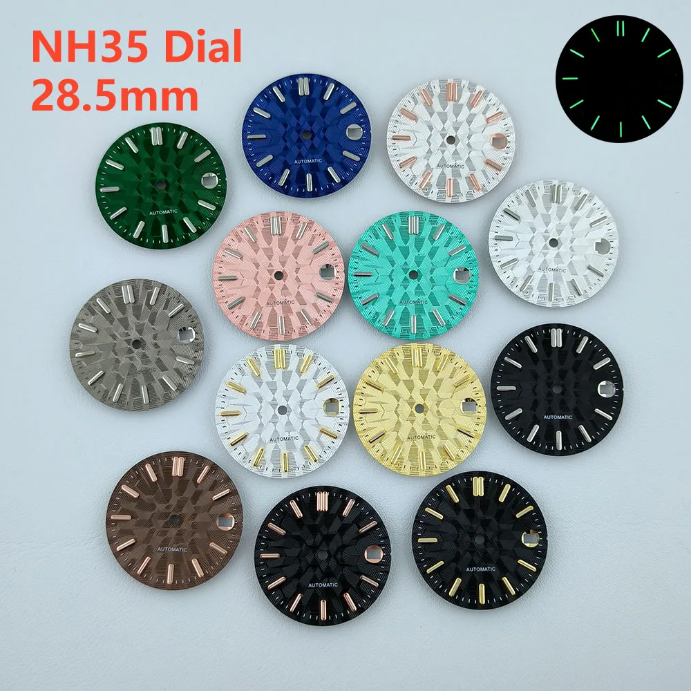 NH35 dial ไม่มีโลโก้โลโก้ที่กําหนดเอง Dial 28.5 มม.สีเขียวส่องสว่าง Fit NH35 นาฬิกาอุปกรณ์เสริมนาฬิกาอะไหล่