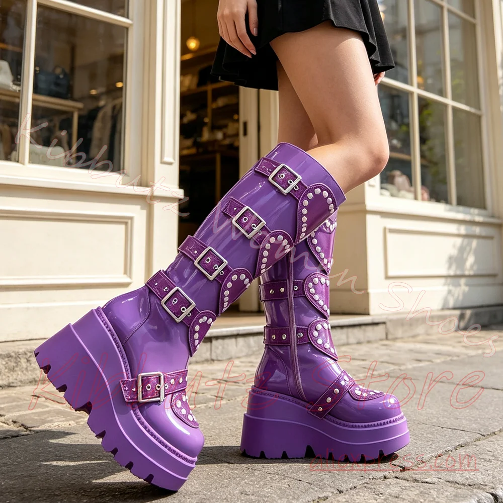 Platform Knee High Boots Hearts Leather Women Round Toe Multi Buckle Rivet Side Zipper Gothic Punk Street Footwear Fashion Sexy