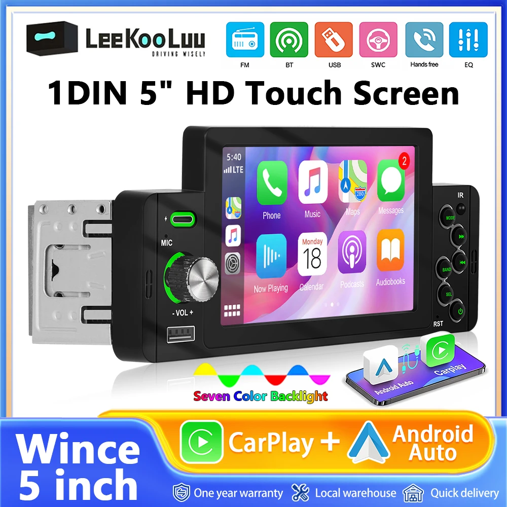 Leekooluu 1Din Car Radio 5'' MP5 Player Wired Carplay Android Auto 1 Din Car Stereo Bluetooth FM Radio Receiver Type-C / USB