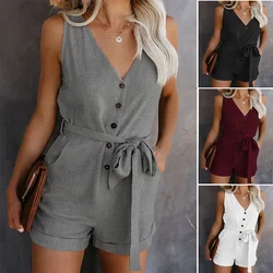 Women's Casual V-neck Monochromatic Jumpsuit, Five-Point Shorts, European and American, Summer, New, 2024