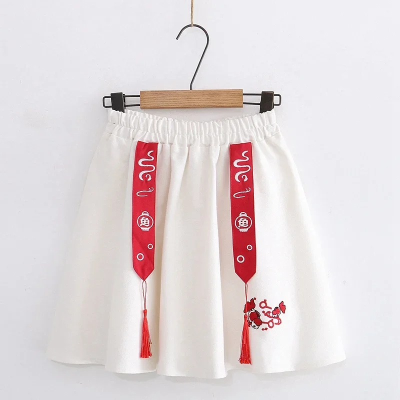 

Japanese Cute Skirt Kimono Woman Black White Koi Embroidery Skirt Vintage Asian Clothes Harajuku Japanese Style Soft Girl FF3505