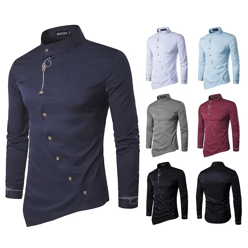 Men's Irregular Button Shirt Elegant Embroidered Shirt Men's Casual Solid Color Versatile Street Clothing