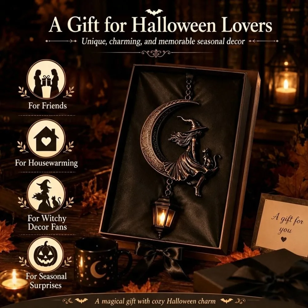Solar Powered Moon Witch Lantern Rustproof Metal Vintage Solar Halloween Moon Lamp Wall Mount Durable Metal