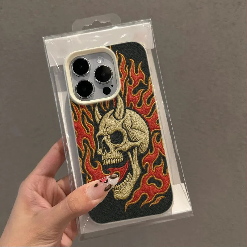Skeleton Flame Silicone Pattern Lychee Texture Phone Case For iPhone 11 12 15 16 17 Pro Max 14 15 Plus 17Air 13 14 Soft Cover
