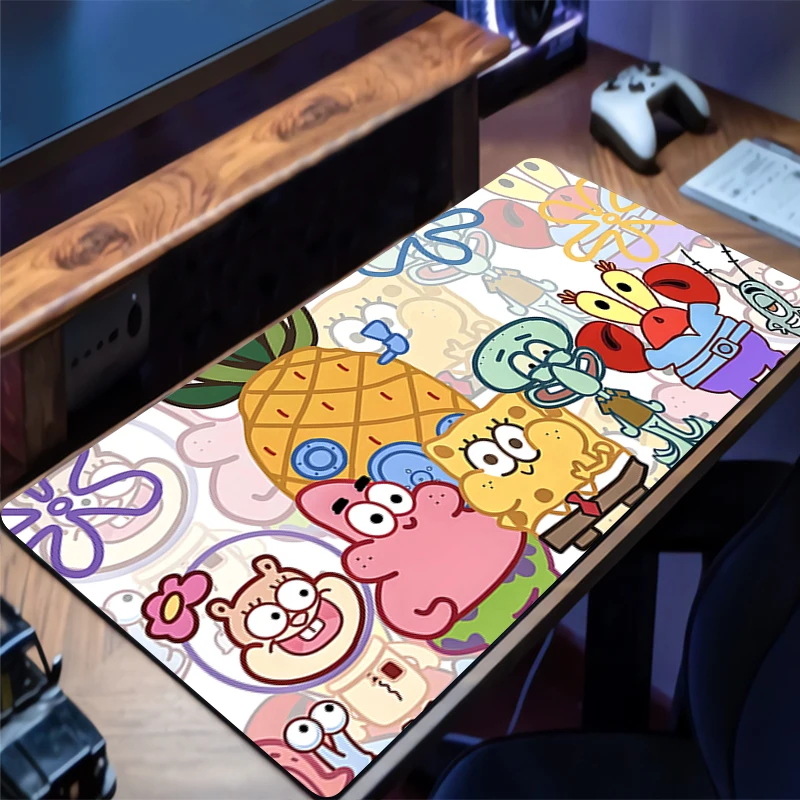 Alas Mouse Gaming Ekstra Besar dengan Tepi Jahitan, Alas Meja SpongeBob SquarePants, Alas Keyboard Komputer Anti Selip
